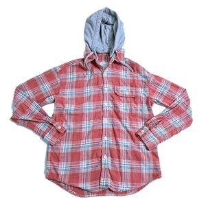 American Eagle Flannel Hoodie Shirt Pink Gray Plaid Hoodie Women’s Size Small